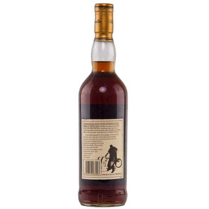 A bottle of The Macallan 1974 18 Year Old Sherry Single Malt Scotch Whisky with a gold cap, shown from the back. The label displays text and an illustration of a cyclist. Set against a plain white background.