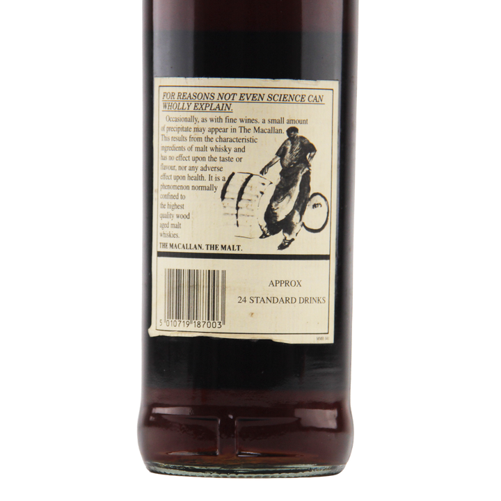 Bottle of The Macallan whisky with a label on a white background