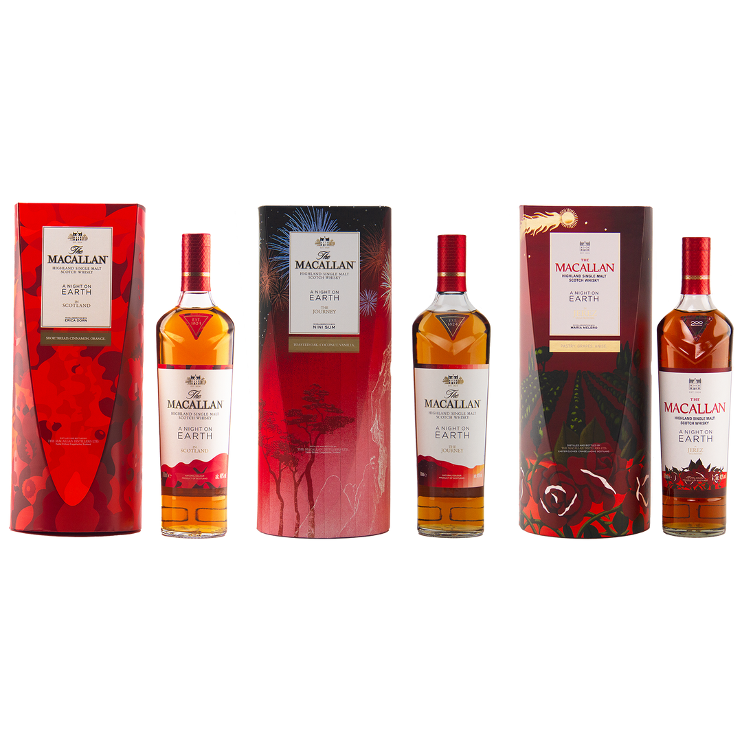 A selection of alcohol bottles, featuring The Macallan A Night On Earth collection 2022, 2023, and 2024—exceptional choices for whisky collectors.