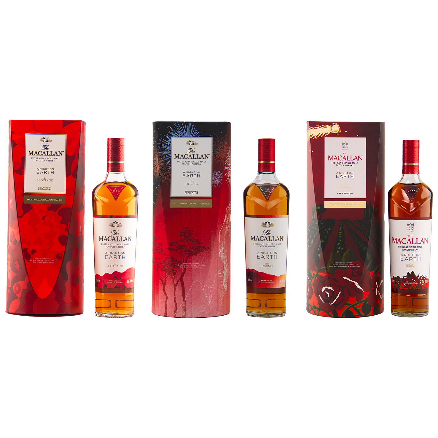 A selection of alcohol bottles, featuring The Macallan A Night On Earth collection 2022, 2023, and 2024—exceptional choices for whisky collectors.