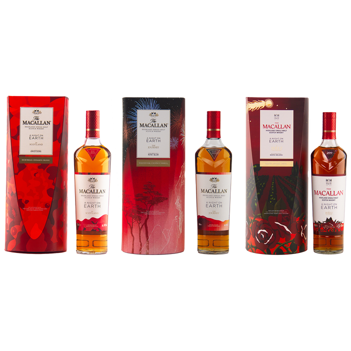 A selection of alcohol bottles, featuring The Macallan A Night On Earth collection 2022, 2023, and 2024—exceptional choices for whisky collectors.