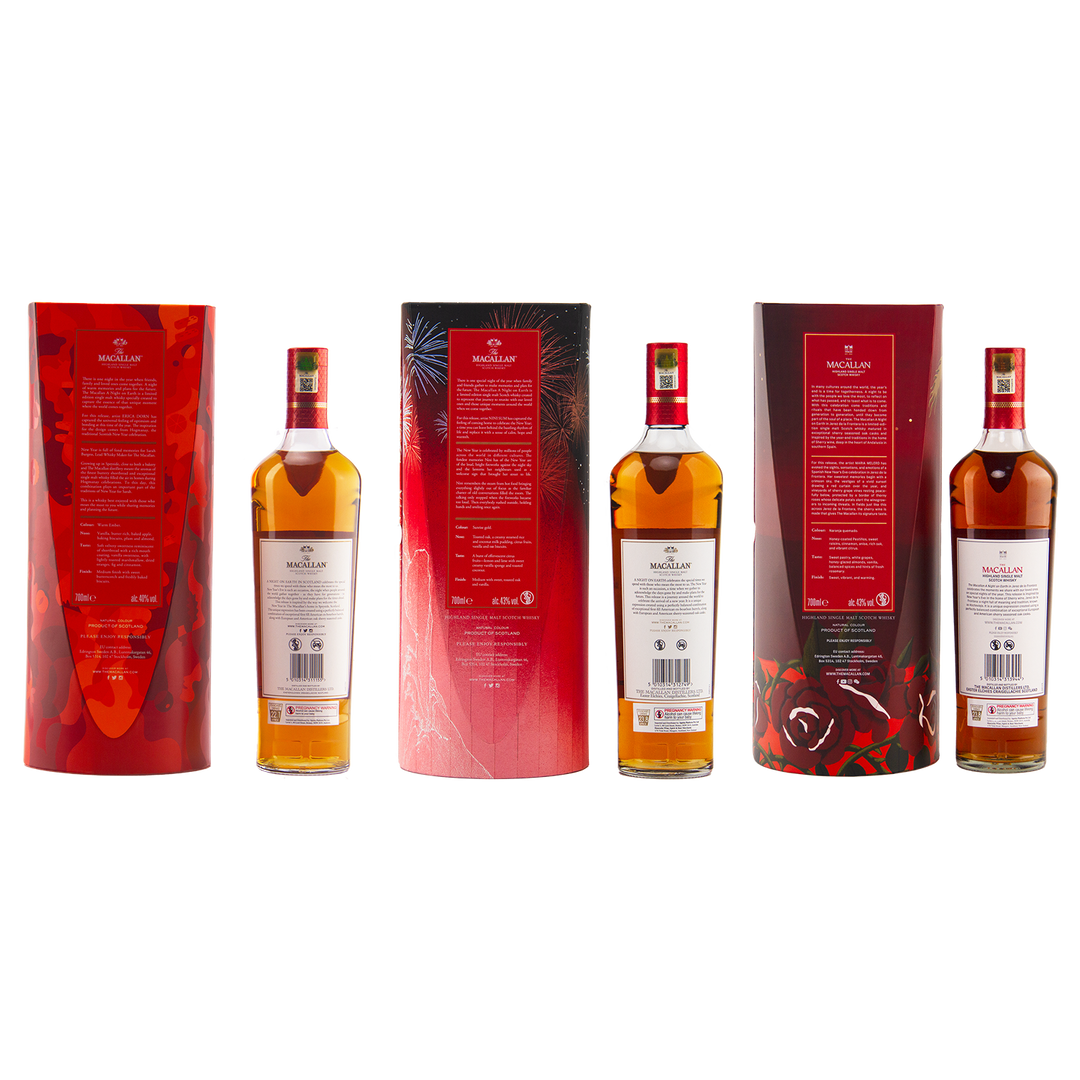 Five bottles from The Macallan A Night On Earth collection 2022, 2023, and 2024 stand in a row, each with a striking red and black cylindrical box. White labels with black and red text make them ideal for whisky collectors.