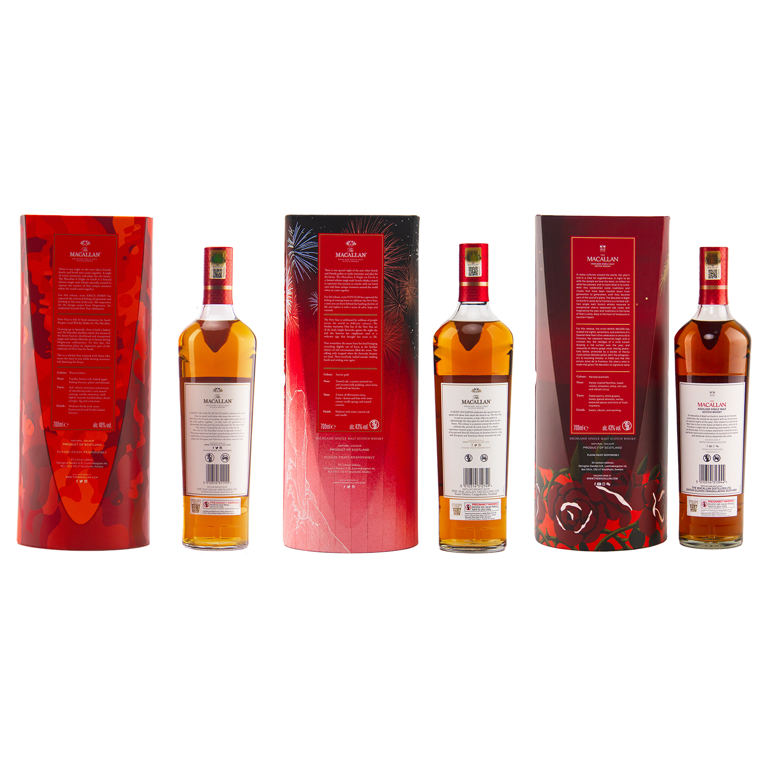 Five bottles from The Macallan A Night On Earth collection 2022, 2023, and 2024 stand in a row, each with a striking red and black cylindrical box. White labels with black and red text make them ideal for whisky collectors.