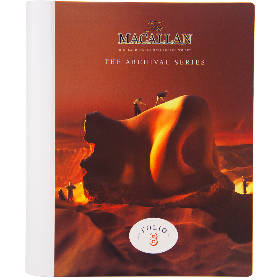 The Macallan Archival Series Folio #8 Single Malt Whisky comes in a box depicting miniature figures climbing a nose-shaped amber whisky sculpture, emphasizing this limited-edition release against a warm, amber backdrop.