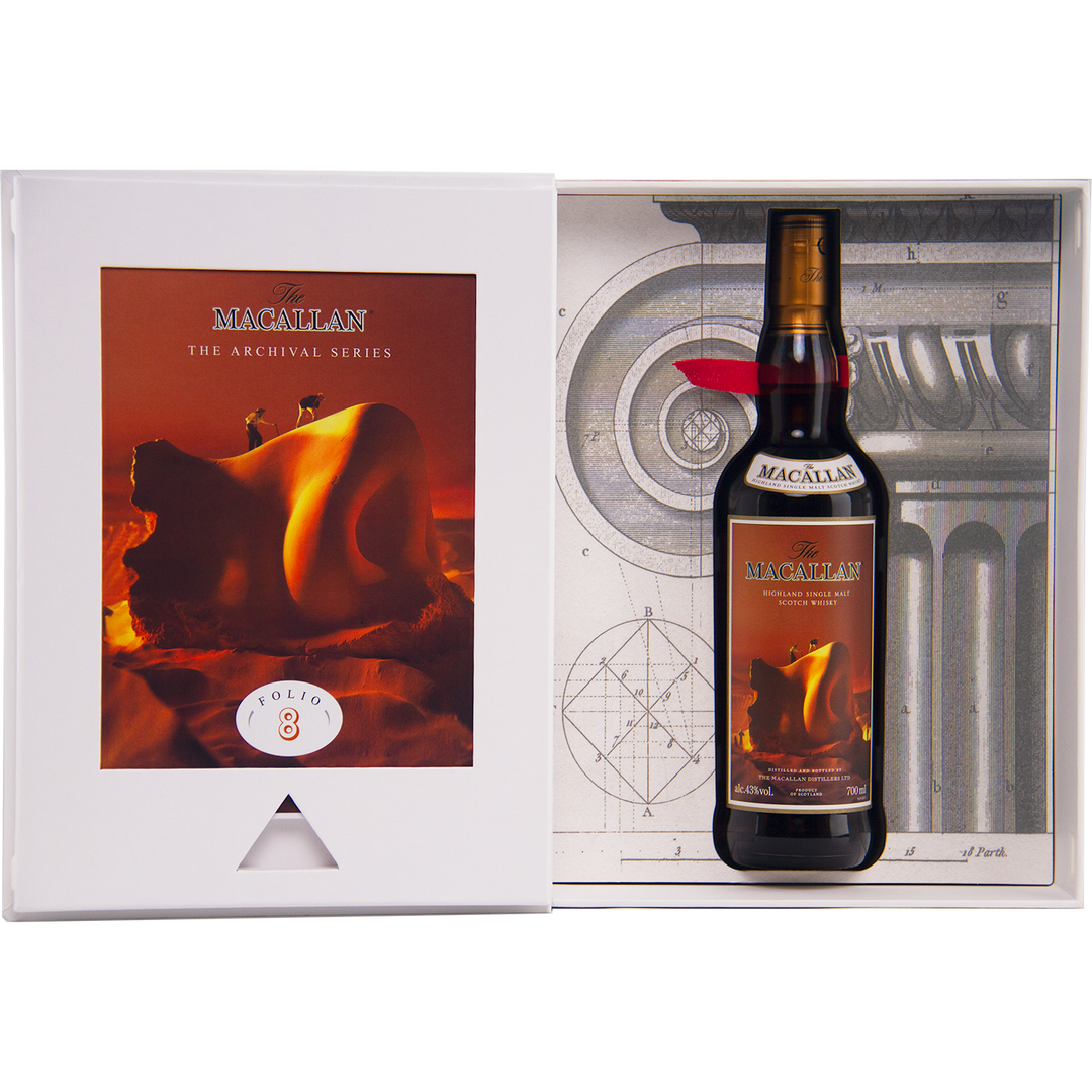 A bottle of The Macallan Archival Series Folio #8 Single Malt Whisky in its open box, showcasing artistic packaging with classical design elements and an illustration of a curled-up figure on the left panel.
