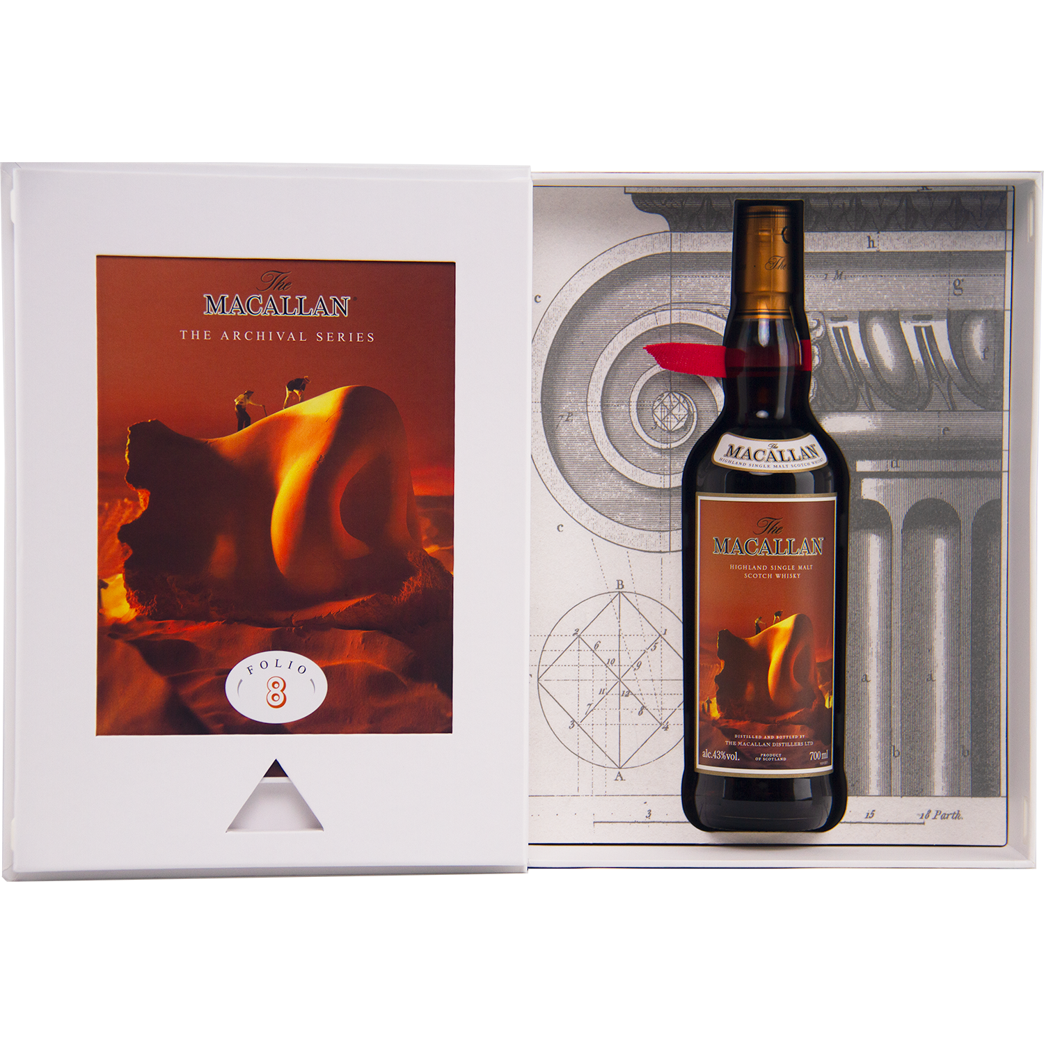 A bottle of The Macallan Archival Series Folio #8 Single Malt Whisky in its open box, showcasing artistic packaging with classical design elements and an illustration of a curled-up figure on the left panel.