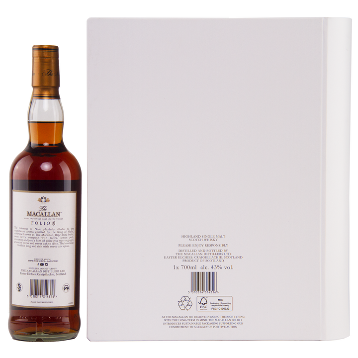 A bottle of The Macallan Archival Series Folio #8 Single Malt Whisky stands by a large white box. This limited-edition release features amber liquid and a white label with gold and black accents.