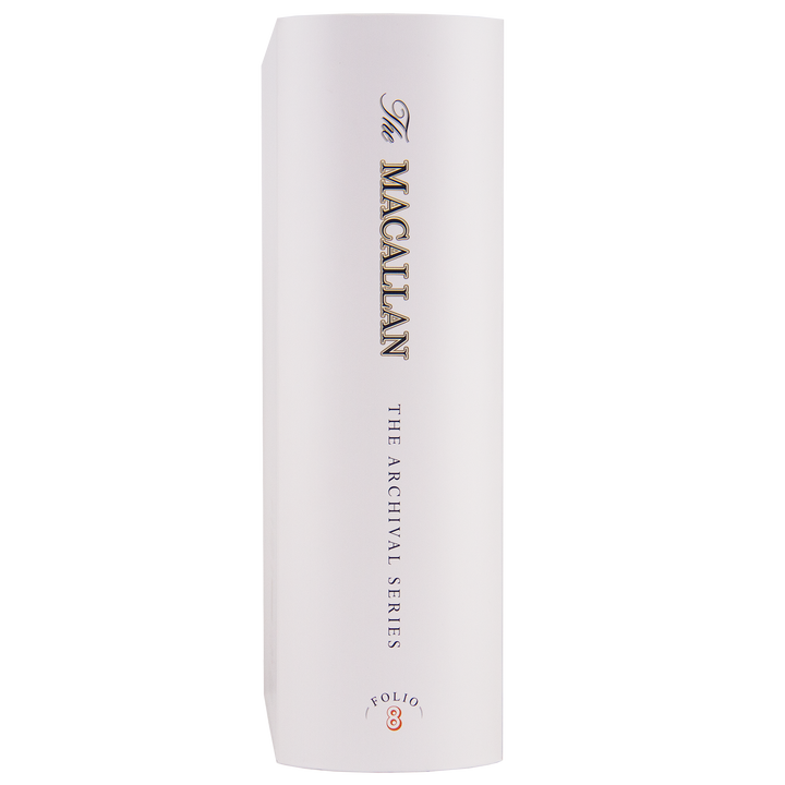 A white, curved box with gold and black text spelling out The Macallan Archival Series Folio #8 Single Malt Whisky vertically along the side; this limited-edition packaging boasts a minimalistic, clean, and elegant design.