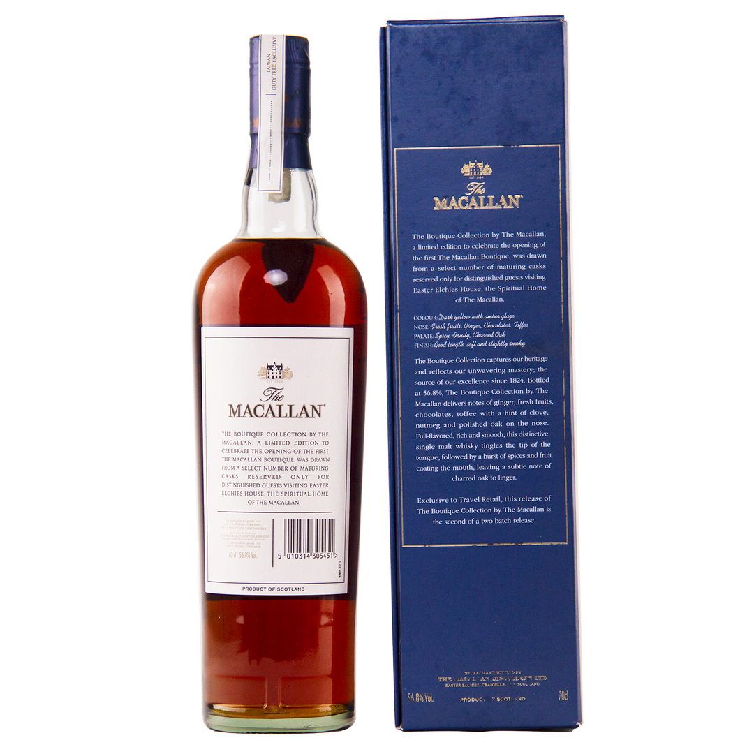 A bottle of The Macallan Boutique Collection 2017 Single Malt Whisky stands beside its blue box, featuring a white label and elegant packaging that celebrate The Macallan’s heritage and this limited travel retail exclusive.