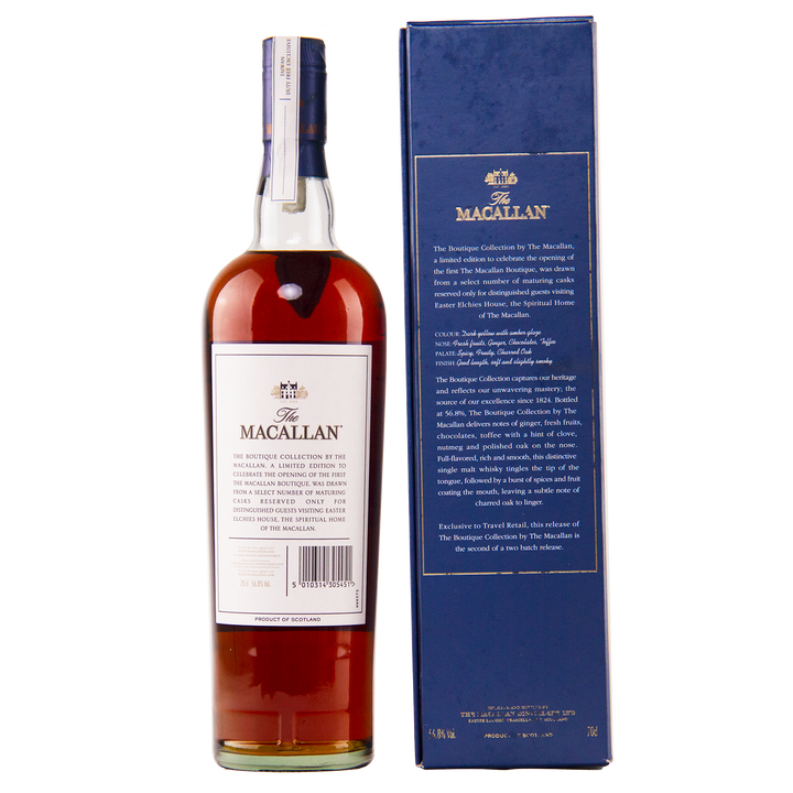 A bottle of The Macallan Boutique Collection 2017 Single Malt Whisky stands beside its blue box, featuring a white label and elegant packaging that celebrate The Macallan’s heritage and this limited travel retail exclusive.