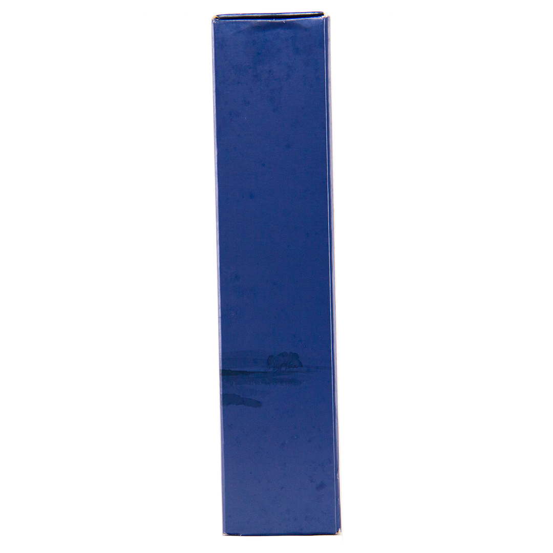 A tall, rectangular blue box stands upright against a white background, evoking the elegance of travel retail exclusives like The Macallan Boutique Collection 2017 Single Malt Whisky, with no visible text or labeling on its surface.