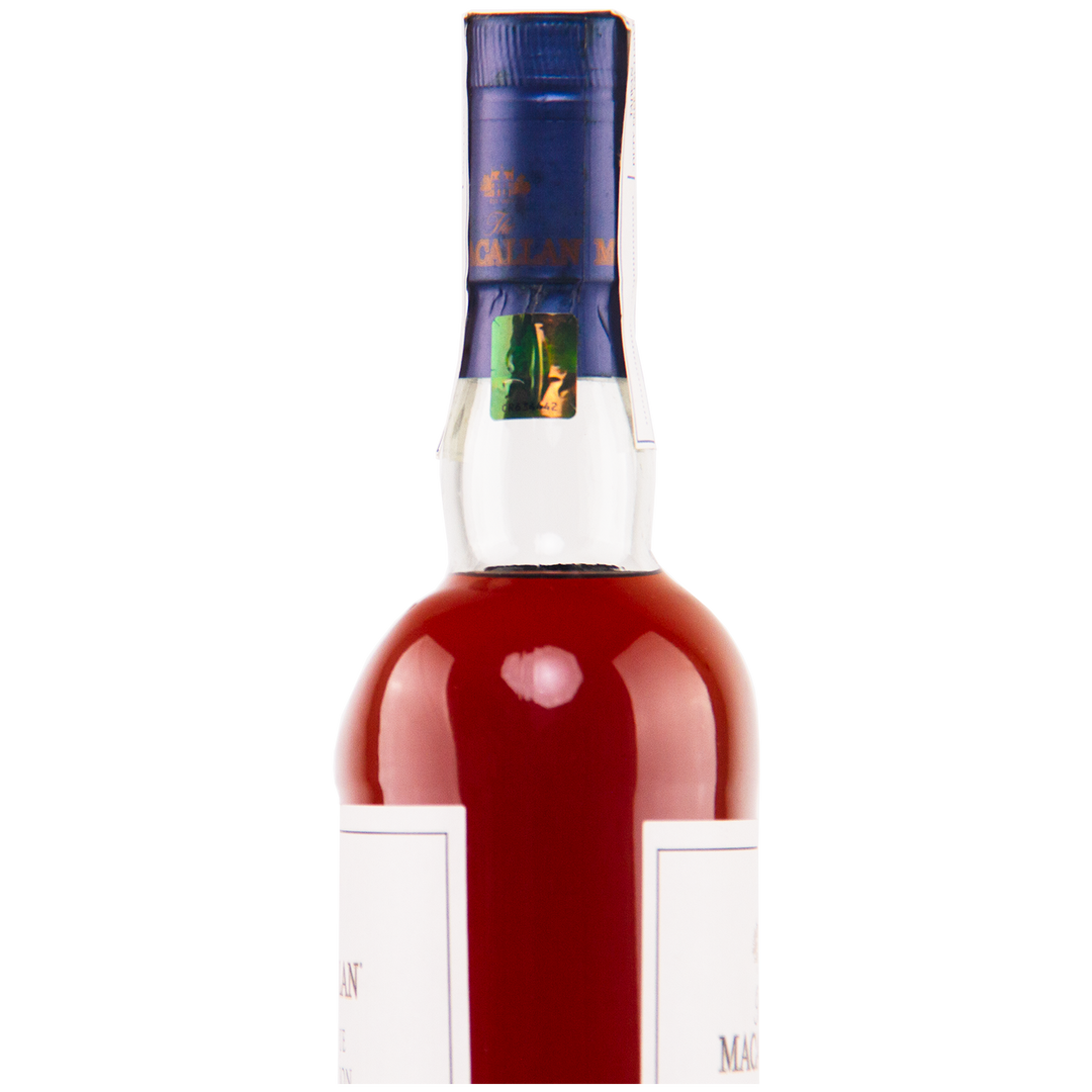 A close-up of the top half of a sealed bottle of The Macallan Boutique Collection 2017 Single Malt Whisky, featuring a blue cap and neck label, set against a plain white background.