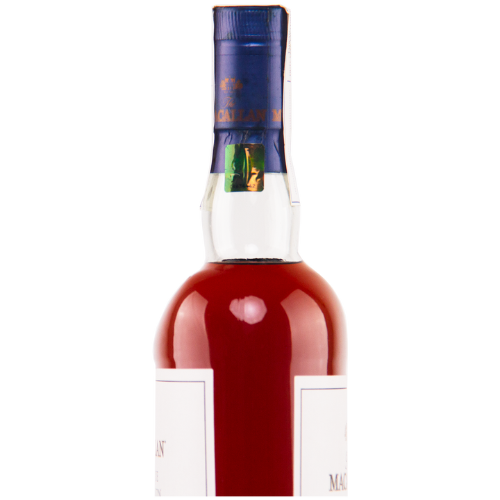 A close-up of the top half of a sealed bottle of The Macallan Boutique Collection 2017 Single Malt Whisky, featuring a blue cap and neck label, set against a plain white background.