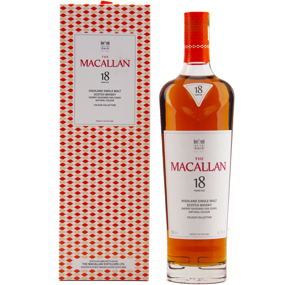 A bottle from The Macallan Colour Collection Set stands beside its red and white patterned box, both featuring the brand’s logo and product details.