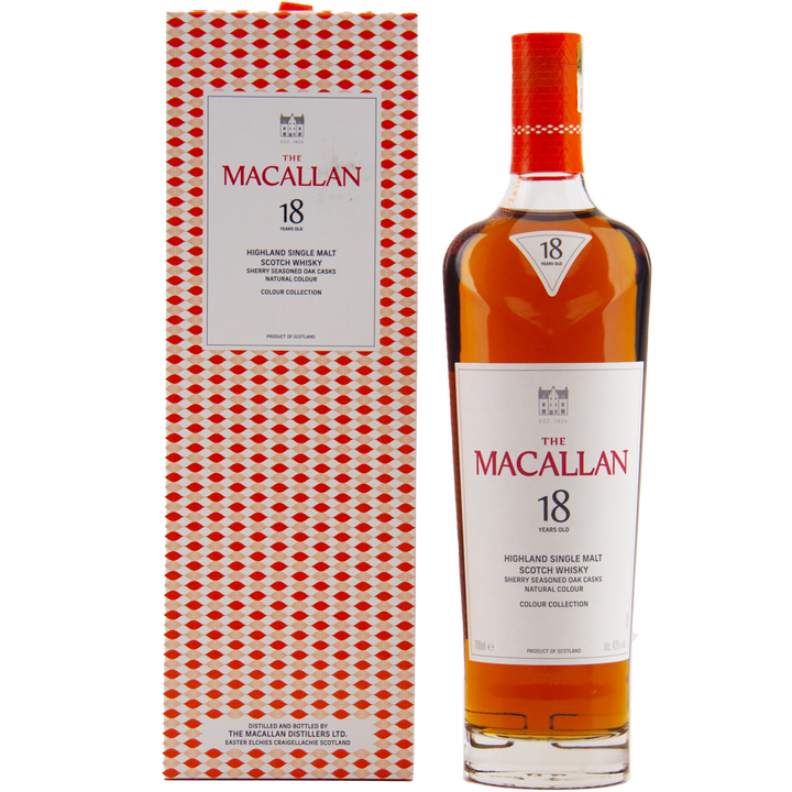 A bottle from The Macallan Colour Collection Set stands beside its red and white patterned box, both featuring the brand’s logo and product details.