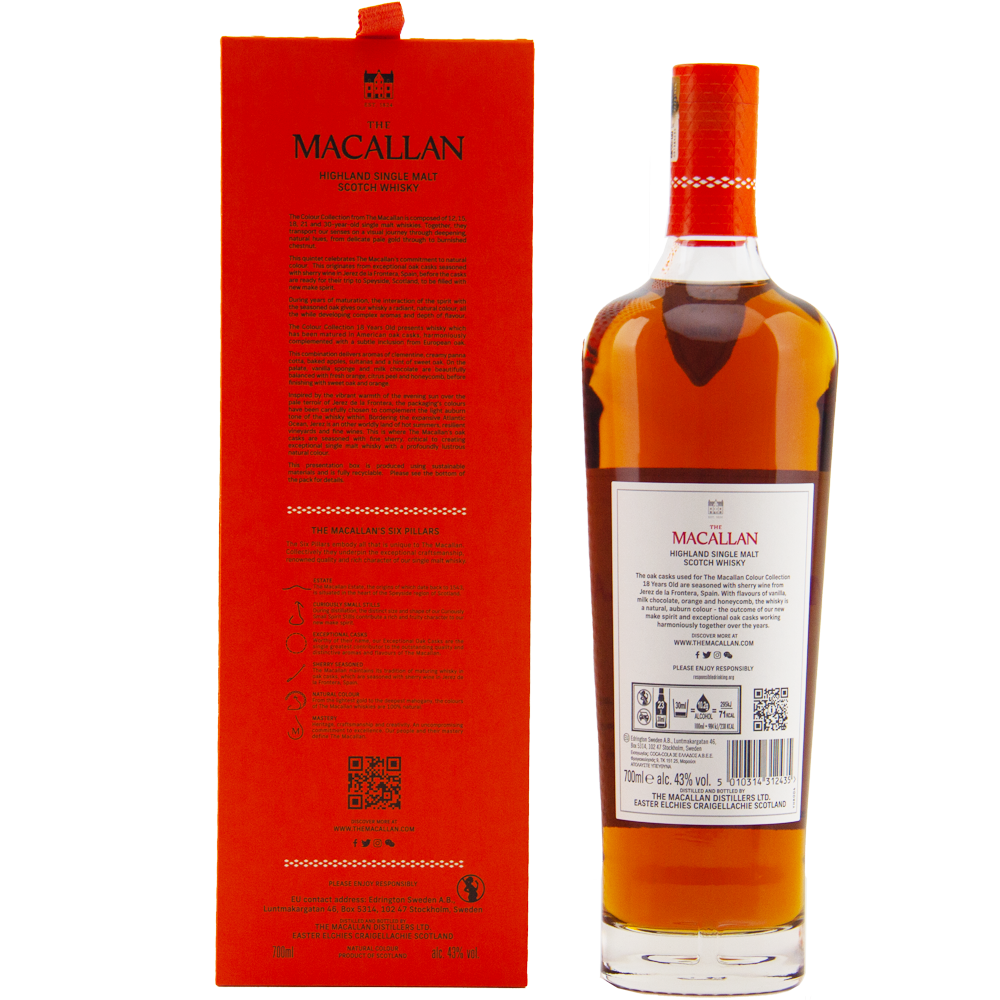 A bottle from The Macallan Colour Collection Set stands beside its red box, both displaying the Macallan logo and details in white and gold. The bottle is presented from the back.