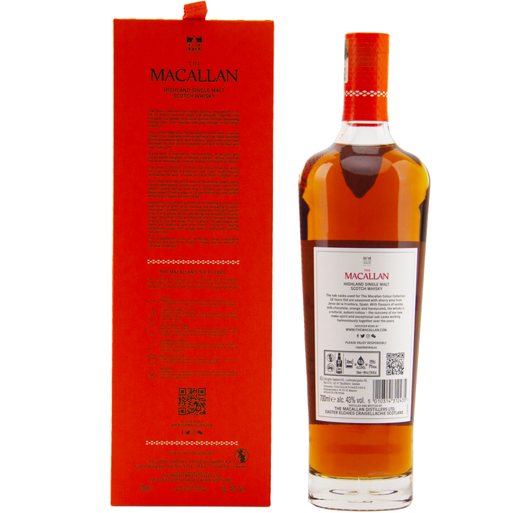 A bottle from The Macallan Colour Collection Set stands beside its red box, both displaying the Macallan logo and details in white and gold. The bottle is presented from the back.