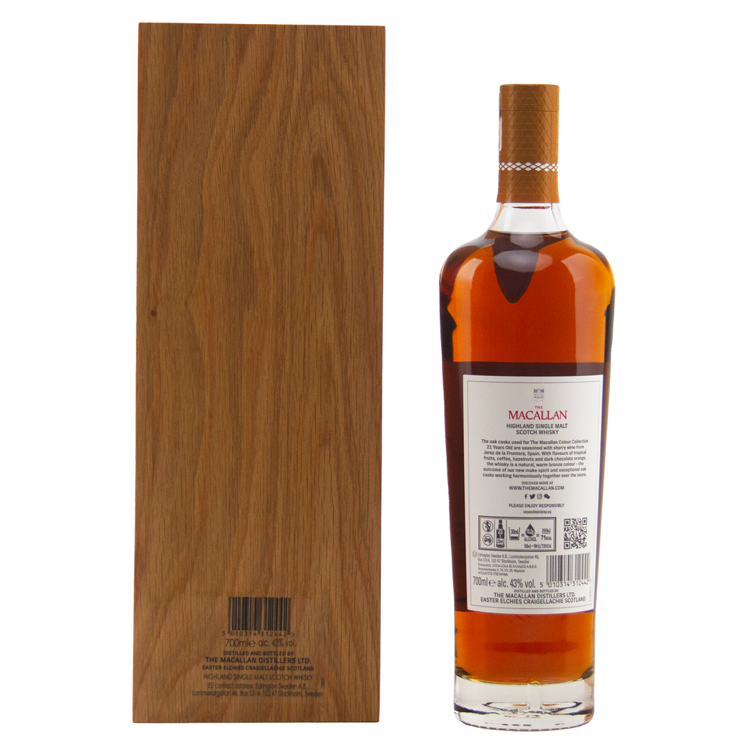 A bottle from The Macallan Colour Collection Set with a white label stands beside its tall, rectangular wooden box, both backs visible and showcasing sherry-seasoned oak maturation, set against a plain white background.