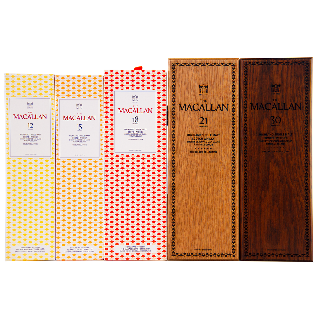 Five boxes of The Macallan Colour Collection Set—12, 15, and 18 Years in yellow and red, plus 21 and 30 Years in wood-patterned boxes—highlight sherry-seasoned oak maturation.