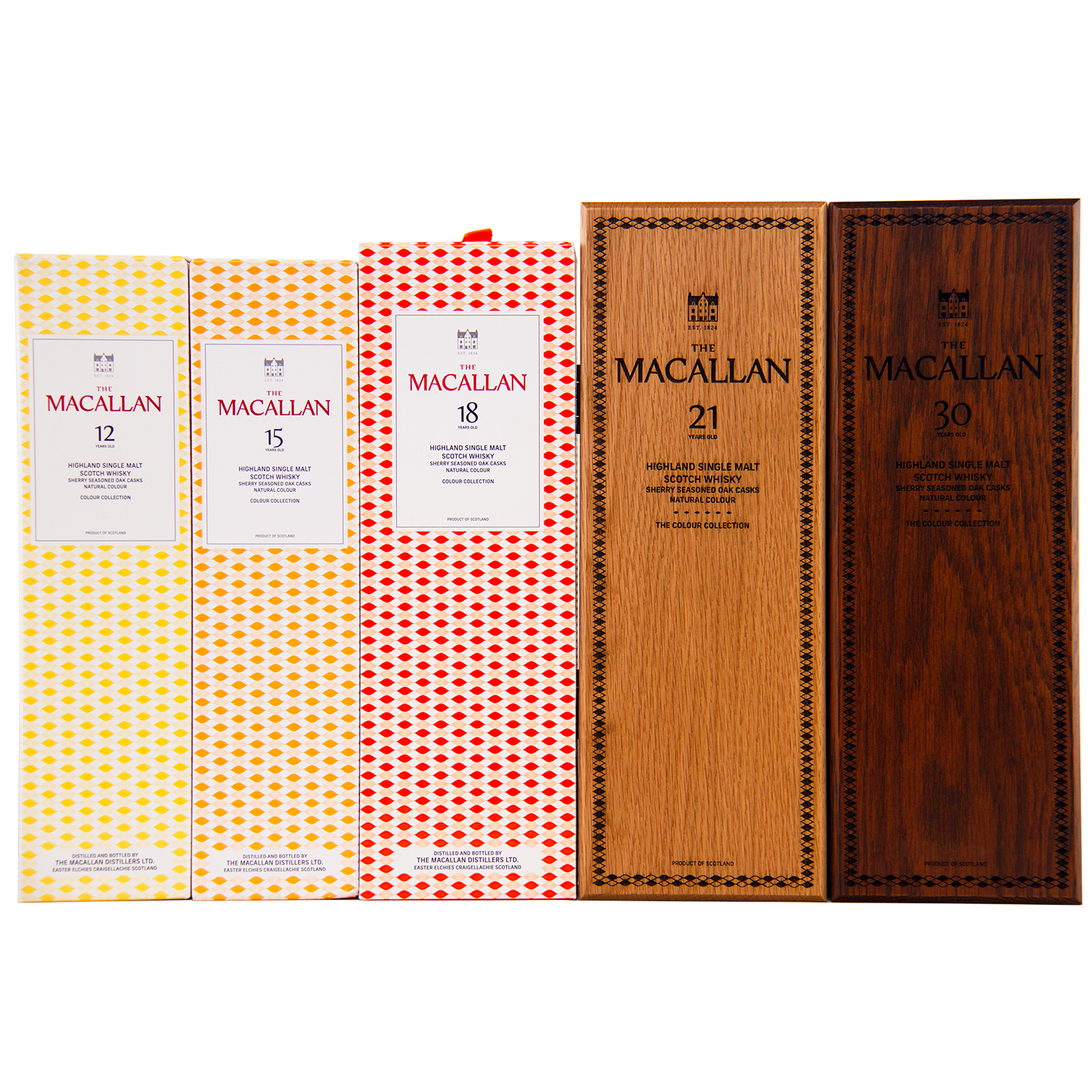 Five boxes of The Macallan Colour Collection Set—12, 15, and 18 Years in yellow and red, plus 21 and 30 Years in wood-patterned boxes—highlight sherry-seasoned oak maturation.