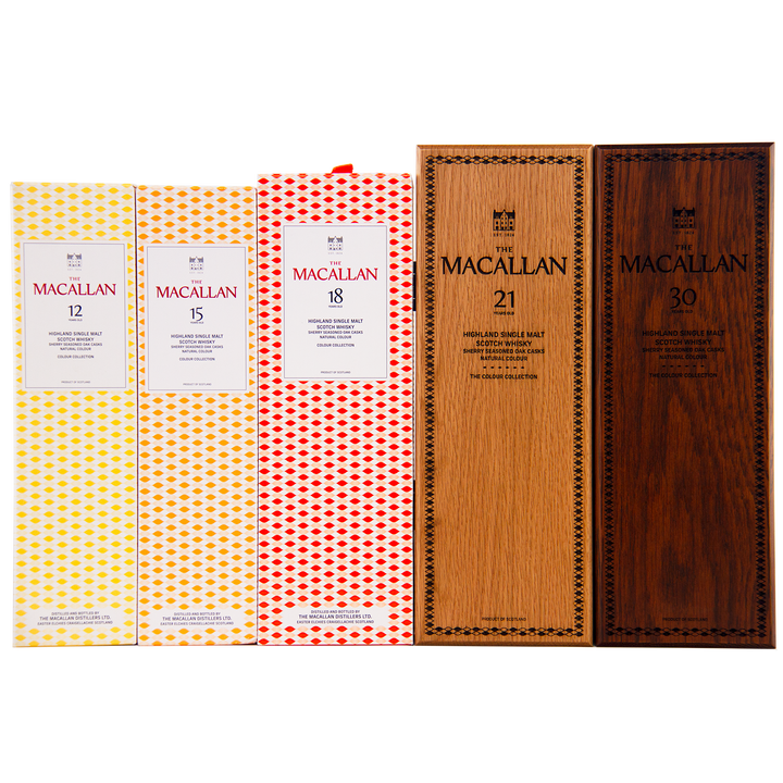 Five boxes of The Macallan Colour Collection Set—12, 15, and 18 Years in yellow and red, plus 21 and 30 Years in wood-patterned boxes—highlight sherry-seasoned oak maturation.