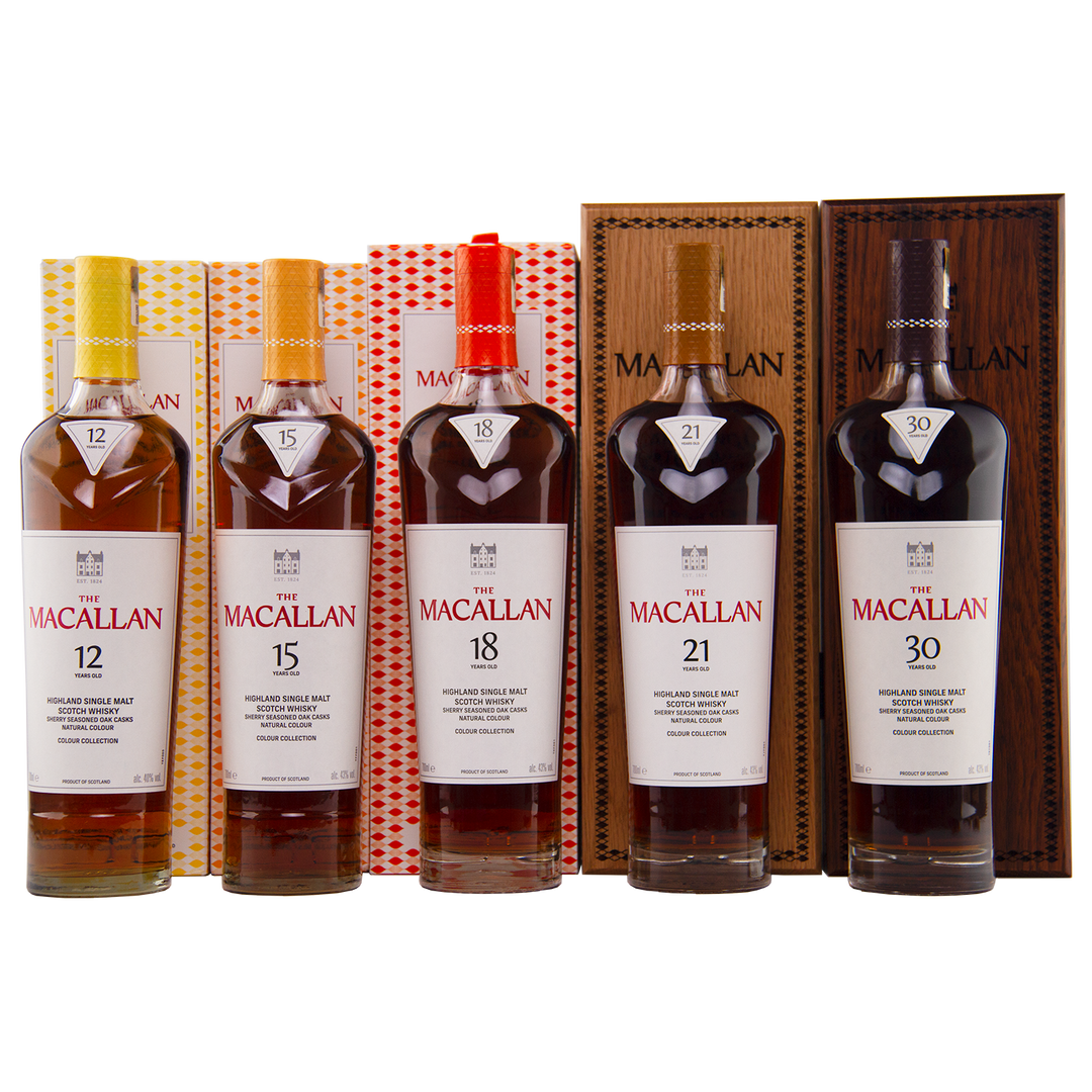 The Macallan Colour Collection Set features five single malts (12, 15, 18, 21 & 30 years), each with unique labels and matching boxes, all matured in sherry-seasoned oak for a visually striking and complete collection.