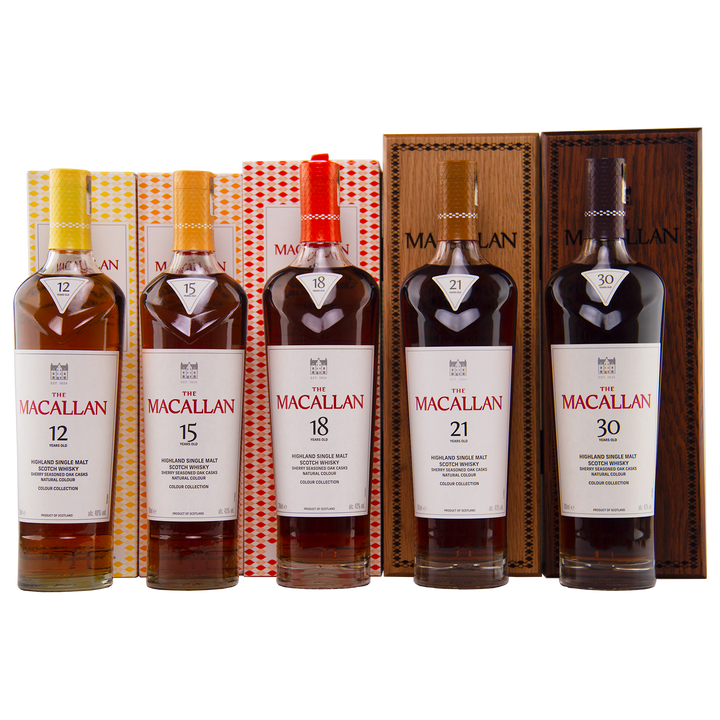 The Macallan Colour Collection Set features five single malts (12, 15, 18, 21 & 30 years), each with unique labels and matching boxes, all matured in sherry-seasoned oak for a visually striking and complete collection.