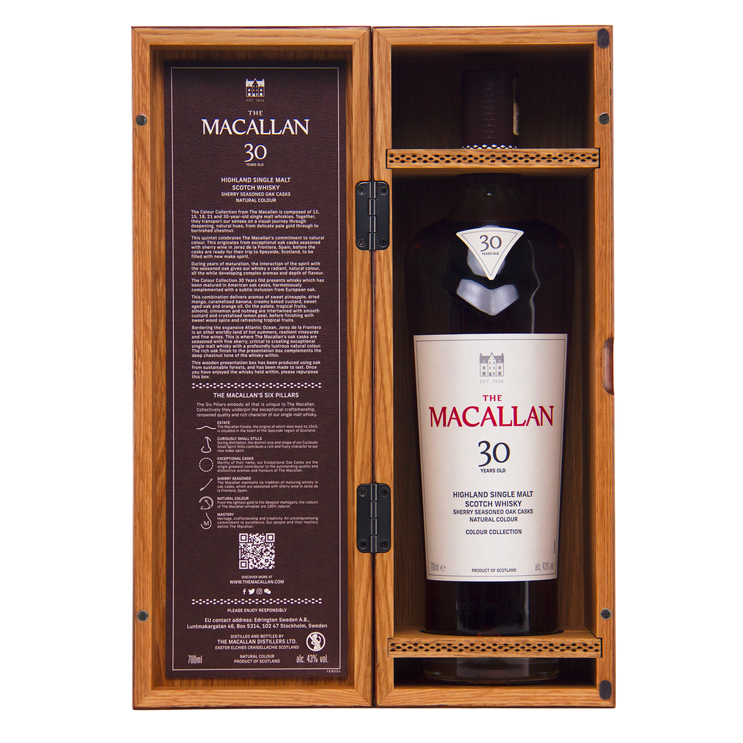 The Macallan Colour Collection Set is displayed upright in an open wooden box, with information about its sherry-seasoned oak maturation printed on the inside of the lid.