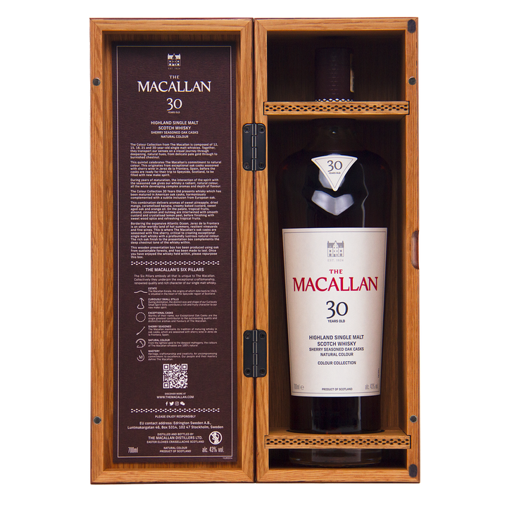 The Macallan Colour Collection Set is displayed upright in an open wooden box, with information about its sherry-seasoned oak maturation printed on the inside of the lid.