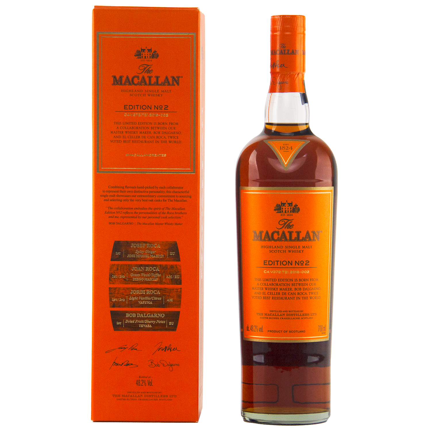 A bottle of The Macallan Edition 2 Single Malt Whisky stands beside its matching orange box, both adorned with gold and black labels featuring detailed text and signatures from the iconic Edition Series.