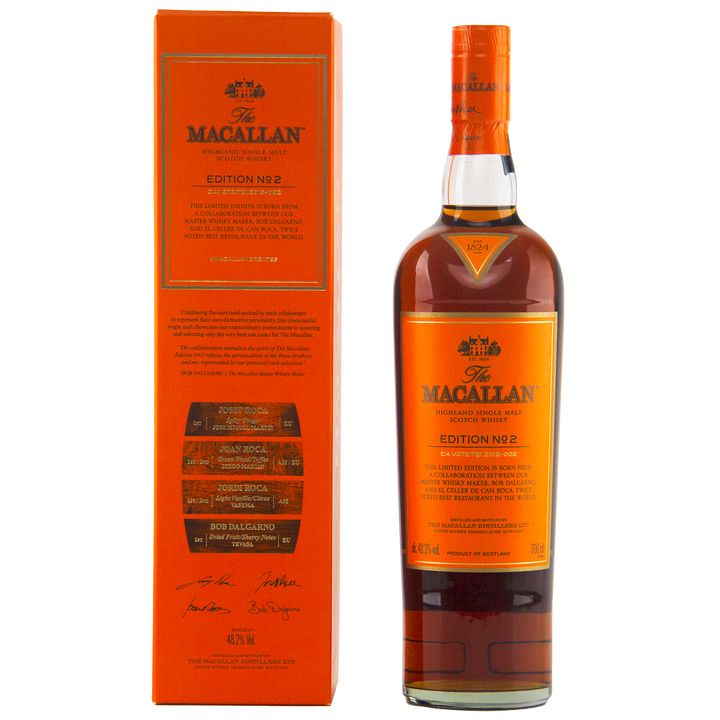 A bottle of The Macallan Edition 2 Single Malt Whisky stands beside its matching orange box, both adorned with gold and black labels featuring detailed text and signatures from the iconic Edition Series.
