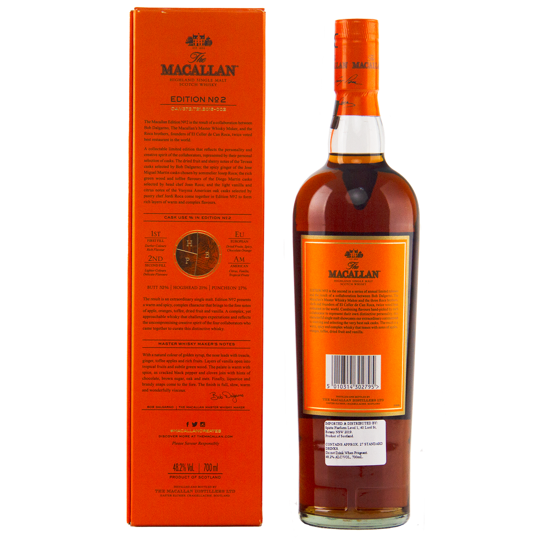 A bottle of The Macallan Edition 2 Single Malt Whisky stands beside its orange box, both from the renowned Edition Series and featuring detailed branding and product information in black and gold text.