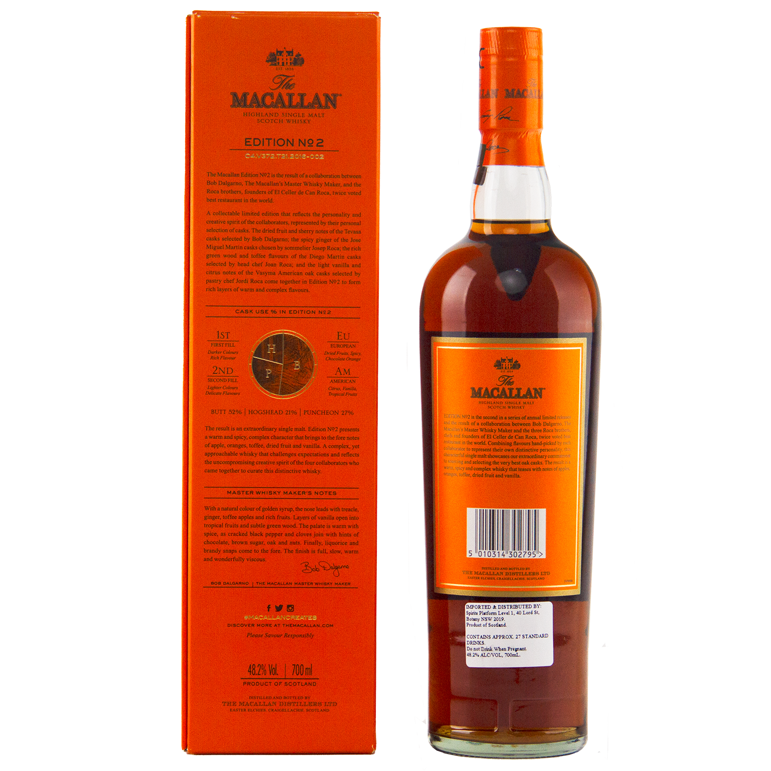 A bottle of The Macallan Edition 2 Single Malt Whisky stands beside its orange box, both from the renowned Edition Series and featuring detailed branding and product information in black and gold text.