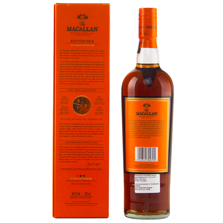 A bottle of The Macallan Edition 2 Single Malt Whisky stands beside its orange box, both from the renowned Edition Series and featuring detailed branding and product information in black and gold text.