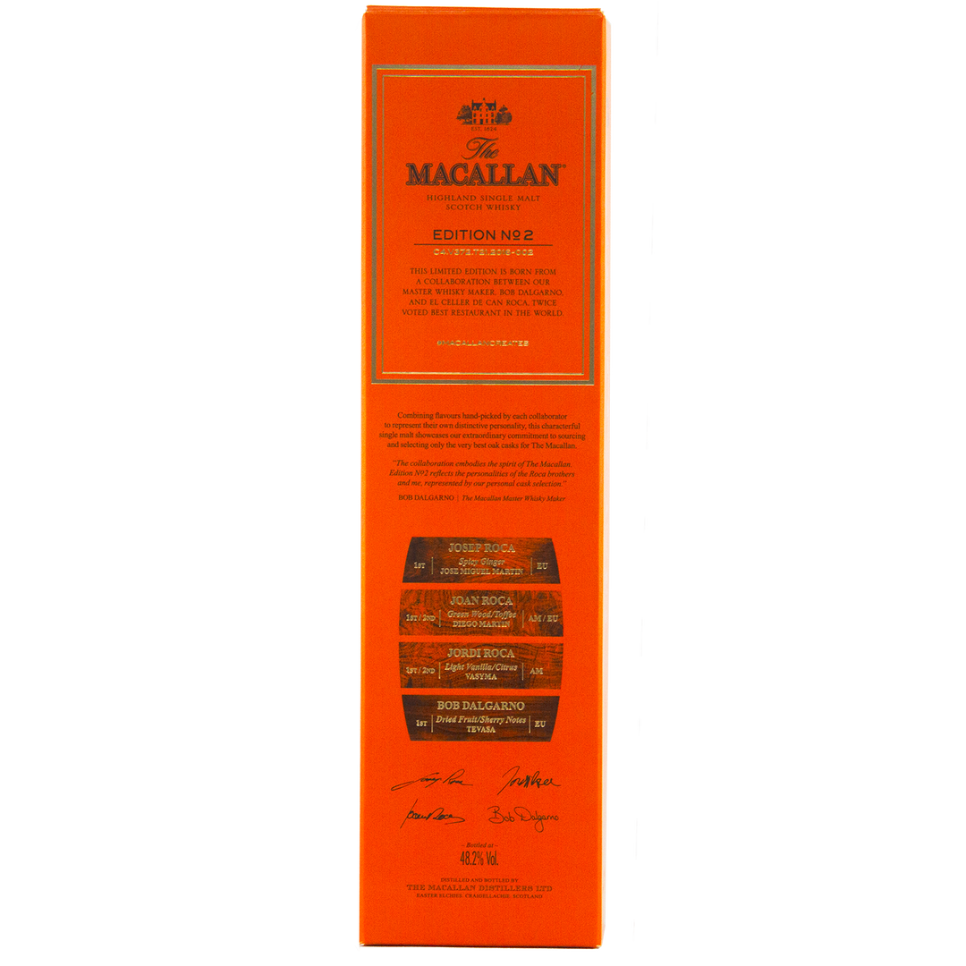 Bright orange box of The Macallan Edition 2 Single Malt Whisky from the Edition Series, with gold and black text, barrel illustrations, and signatures near the bottom.