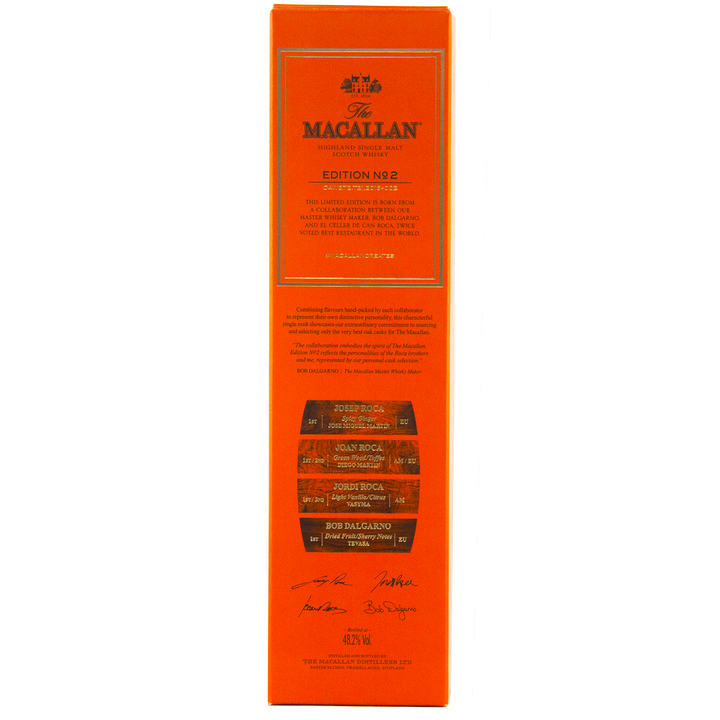 Bright orange box of The Macallan Edition 2 Single Malt Whisky from the Edition Series, with gold and black text, barrel illustrations, and signatures near the bottom.