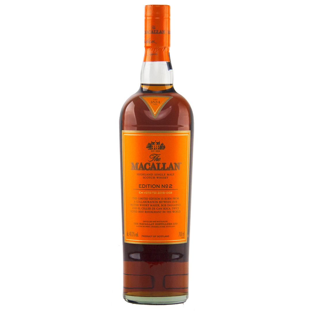 A bottle of The Macallan Edition 2 Single Malt Whisky, from the celebrated Edition Series, displays an orange label with gold and black text plus an orange-blue foil seal on the cap, all set against a white background.