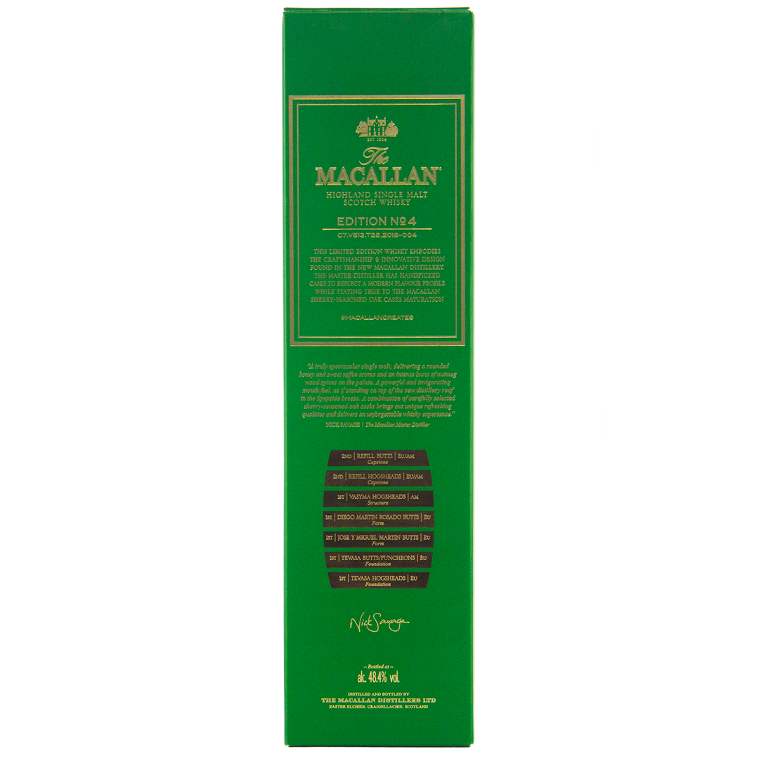 A green box of The Macallan Edition 4 Single Malt Whisky features detailed product info, tasting notes, and elegant gold and white branding on the back as part of the celebrated Edition Series.