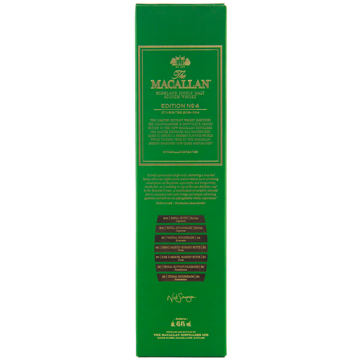 A green box of The Macallan Edition 4 Single Malt Whisky features detailed product info, tasting notes, and elegant gold and white branding on the back as part of the celebrated Edition Series.