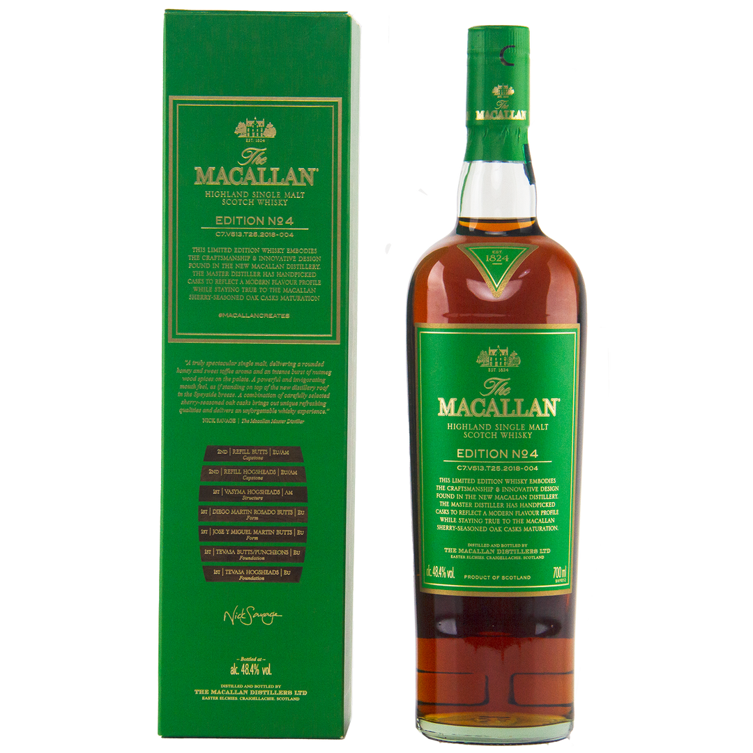 A bottle of The Macallan Edition 4 Single Malt Whisky is displayed beside its green and gold box, both showcasing gold and white text with detailed branding from the Macallan Edition Series.