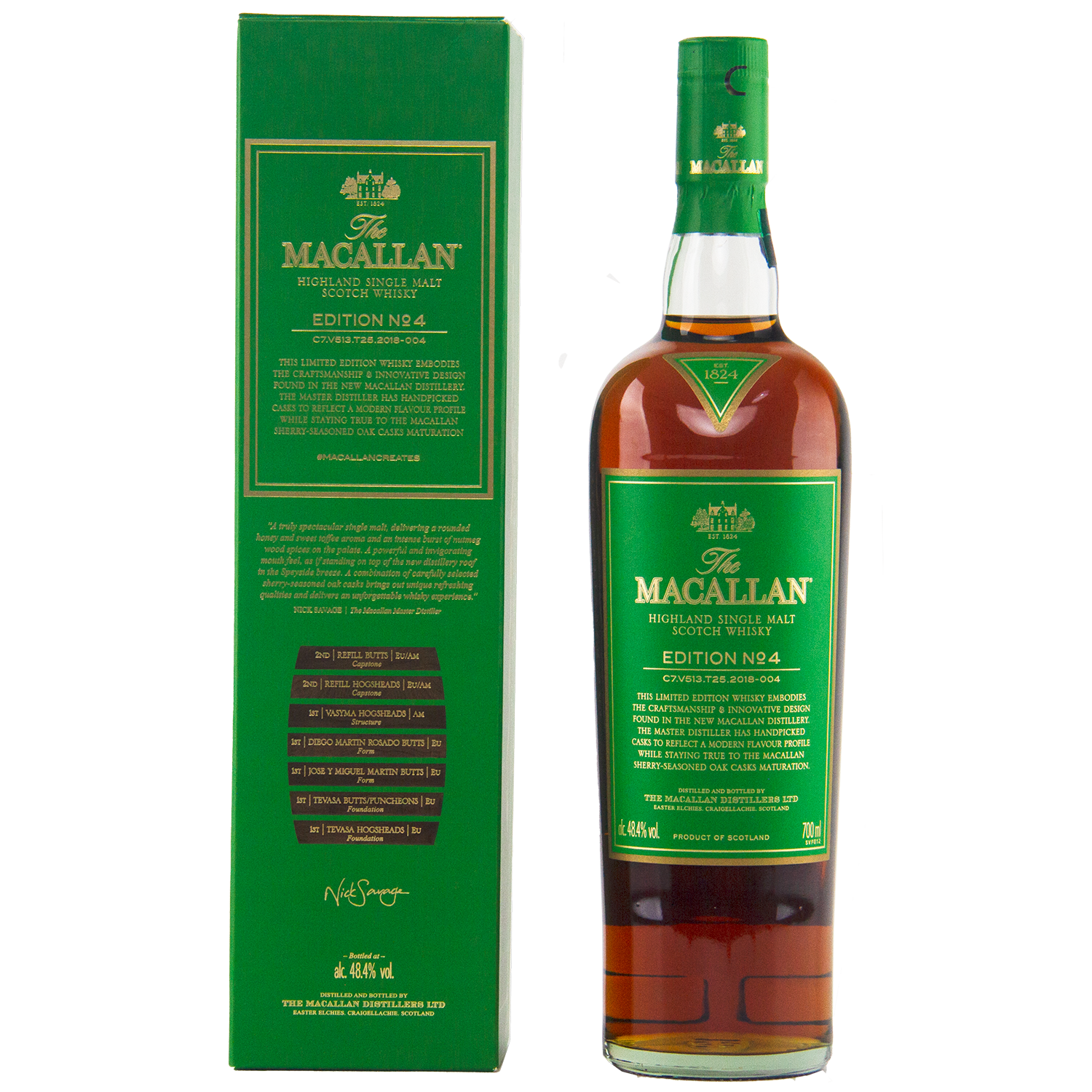 A bottle of The Macallan Edition 4 Single Malt Whisky is displayed beside its green and gold box, both showcasing gold and white text with detailed branding from the Macallan Edition Series.