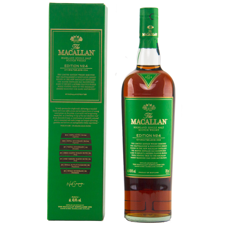 A bottle of The Macallan Edition 4 Single Malt Whisky is displayed beside its green and gold box, both showcasing gold and white text with detailed branding from the Macallan Edition Series.