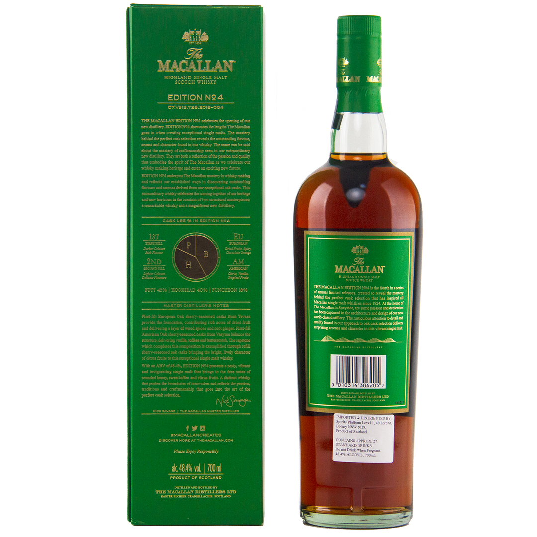 A bottle of The Macallan Edition 4 Single Malt Whisky stands beside its green box, both displaying gold and white text that highlights the Edition Series and showcases the whisky’s unique qualities.
