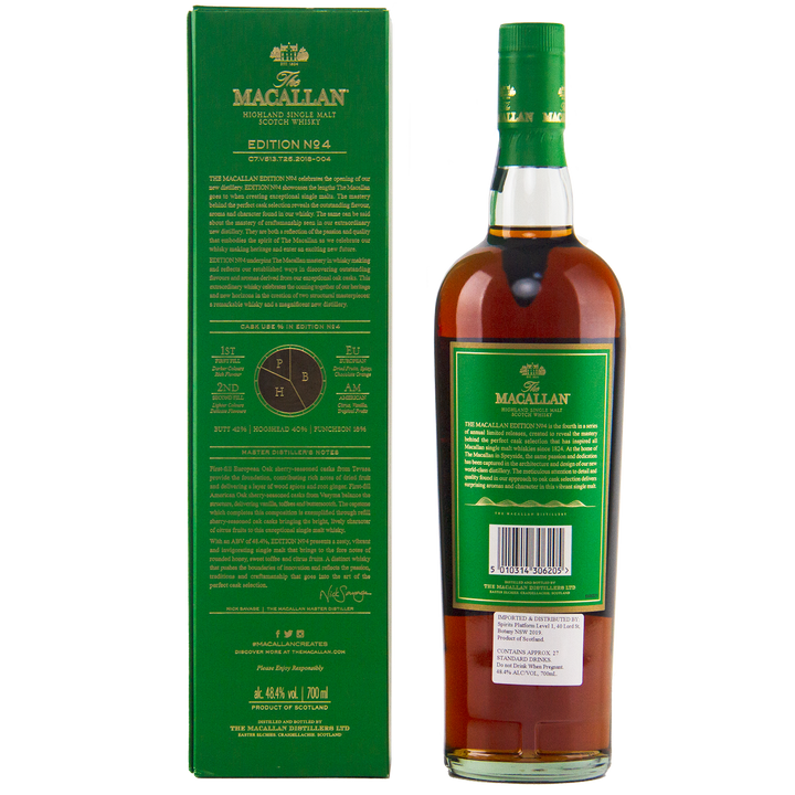 A bottle of The Macallan Edition 4 Single Malt Whisky stands beside its green box, both displaying gold and white text that highlights the Edition Series and showcases the whisky’s unique qualities.