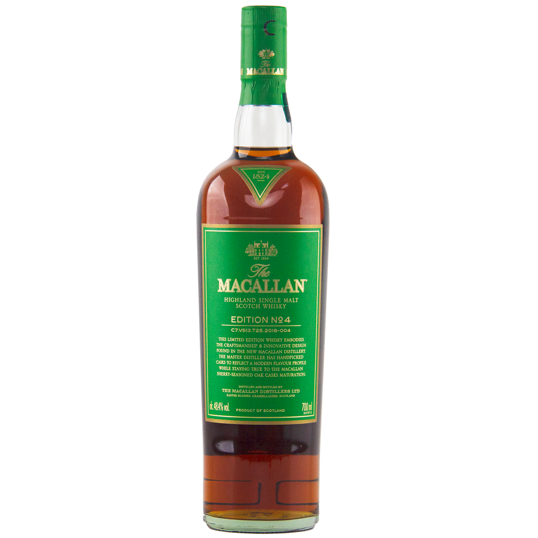 A bottle of The Macallan Edition 4 Single Malt Whisky with a green label and cap, featuring gold and white text, stands upright on a white background. It's part of the collectible Macallan Edition Series.