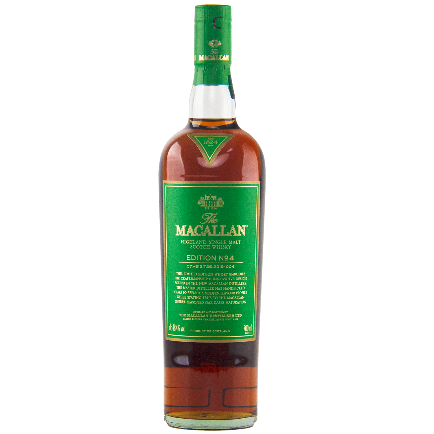 A bottle of The Macallan Edition 4 Single Malt Whisky with a green label and cap, featuring gold and white text, stands upright on a white background. It's part of the collectible Macallan Edition Series.