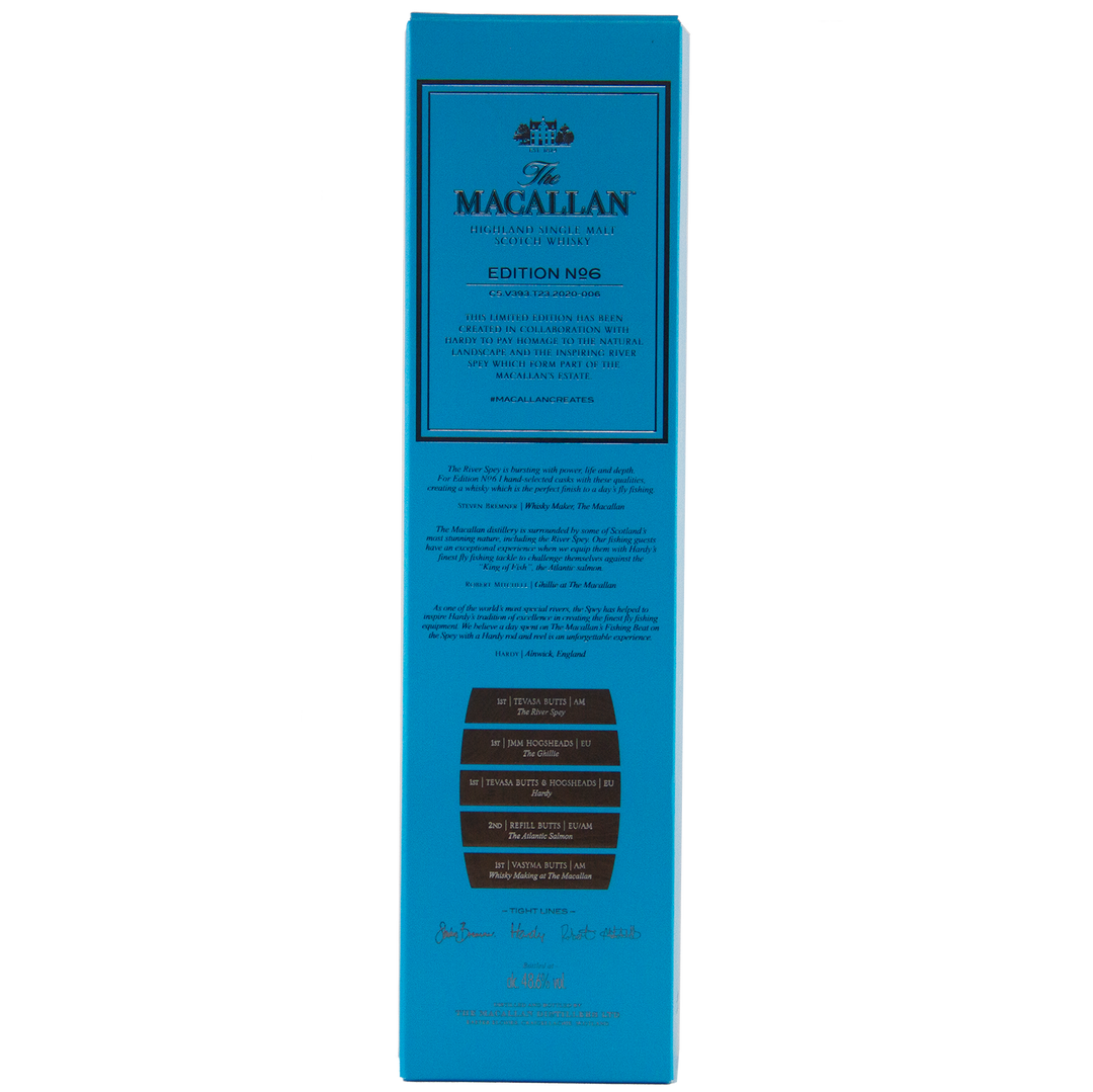 A tall, rectangular bright blue box for The Macallan Edition 6 Single Malt Scotch Whisky features gold and white text, detailed descriptions, signatures, and a cask recipe from The Macallan Edition Series.