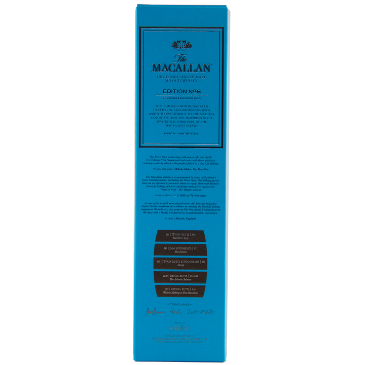 A tall, rectangular bright blue box for The Macallan Edition 6 Single Malt Scotch Whisky features gold and white text, detailed descriptions, signatures, and a cask recipe from The Macallan Edition Series.