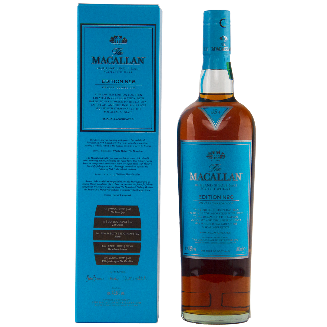 A bottle of The Macallan Edition 6 Single Malt Scotch Whisky stands next to its blue box, both featuring gold and white text highlighting this special release from The Macallan Edition Series.