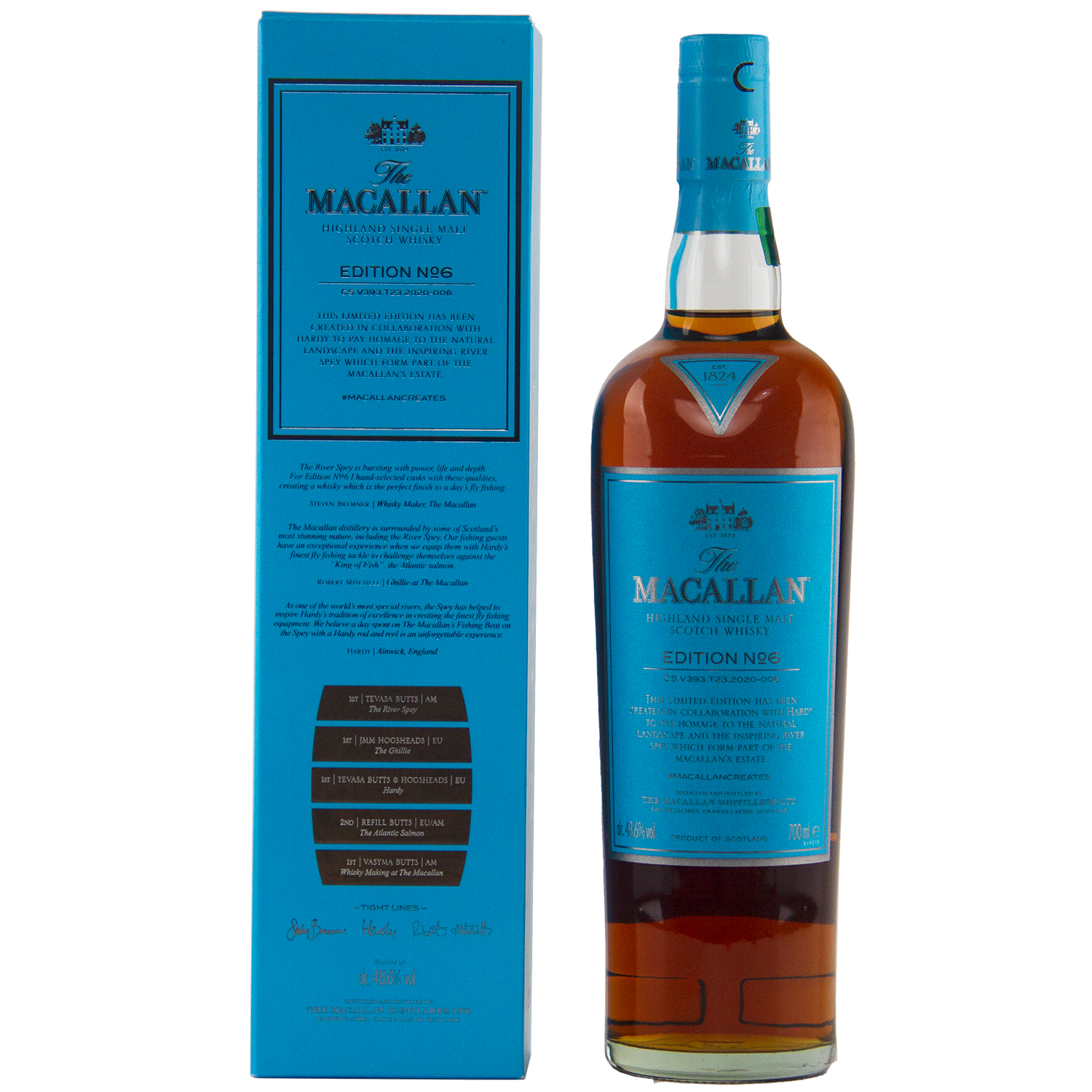 A bottle of The Macallan Edition 6 Single Malt Scotch Whisky stands next to its blue box, both featuring gold and white text highlighting this special release from The Macallan Edition Series.